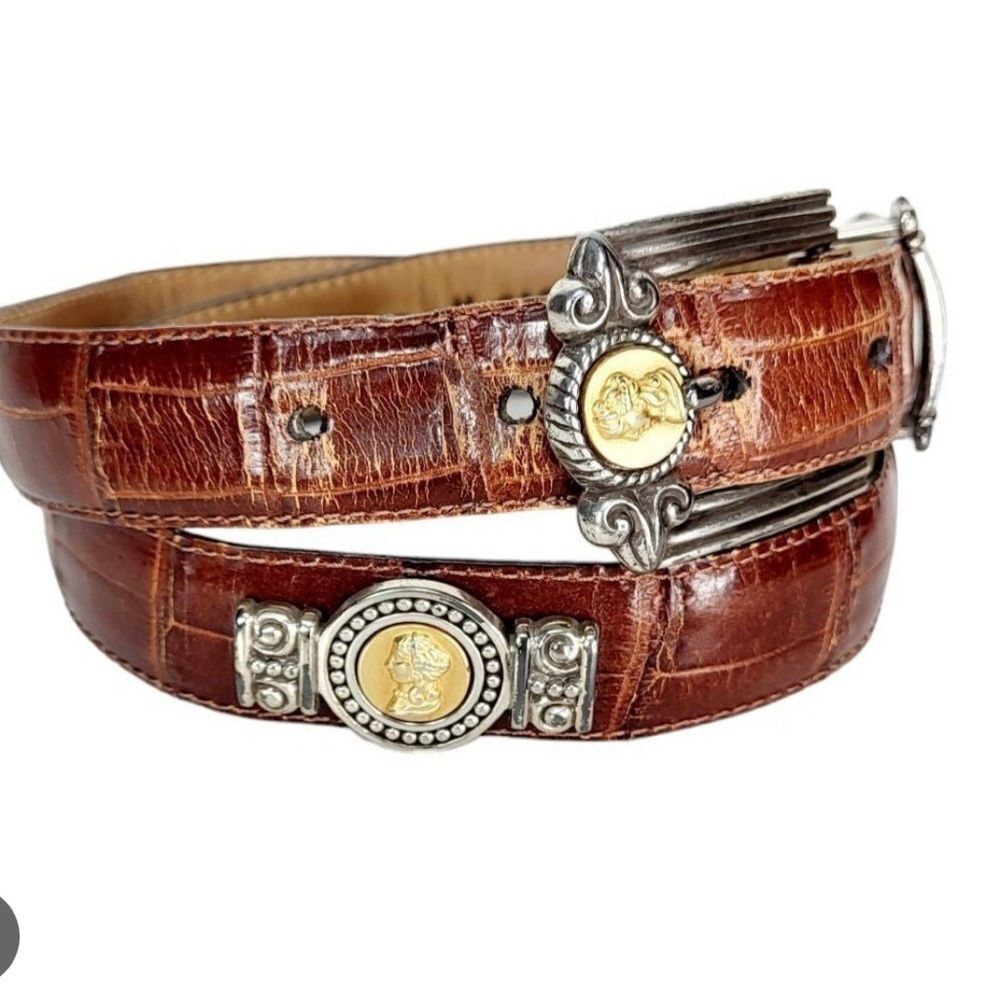 90s Vintage Brighton Museum Croc Embossed Leather Coins Brass Belt Size Medium
